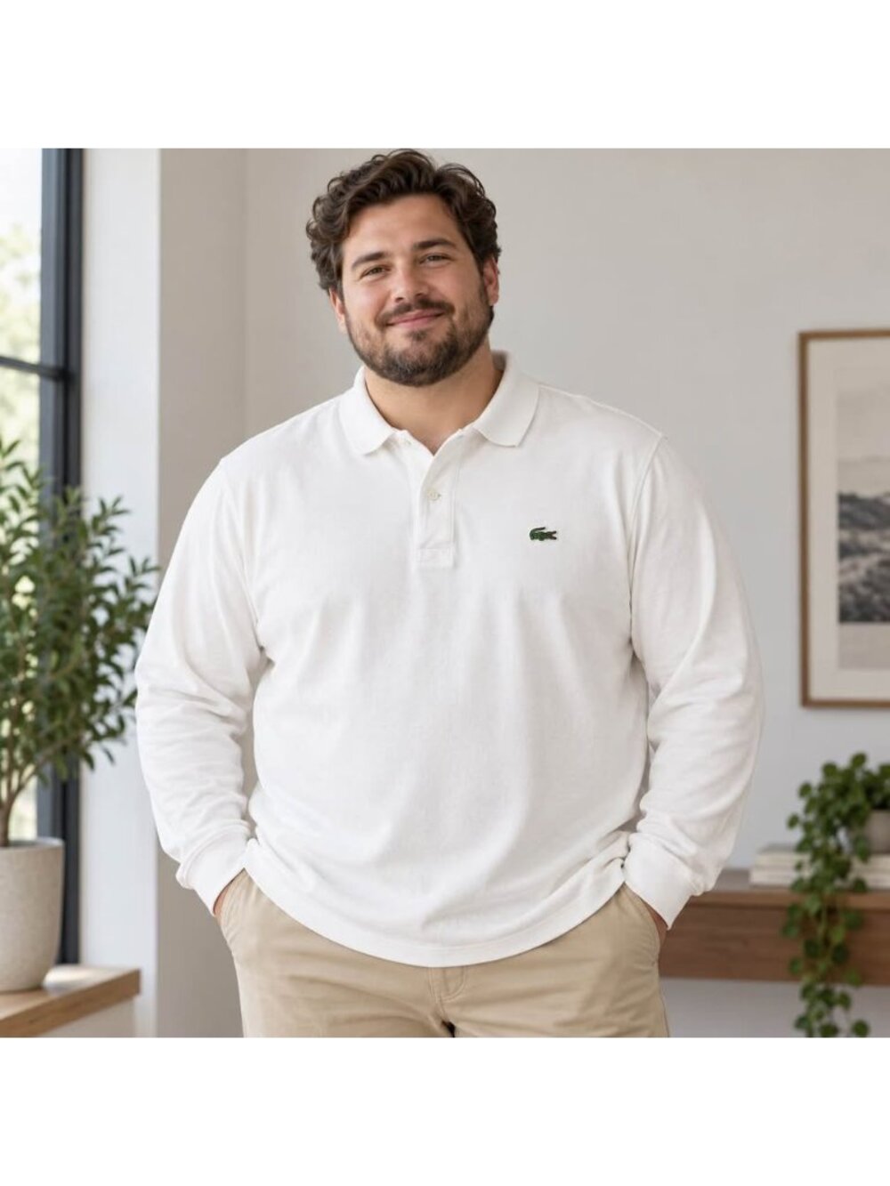 Lacoste Men’s 3XL White Long Sleeve Polo Shirt Croc Logo Classic Fit